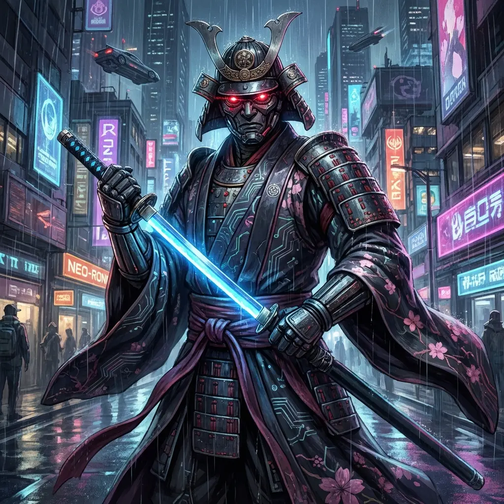 AI Fusion Example: Cyborg + Samurai in Original Art style. Futuristic warrior blending high-tech armor with traditional bushido