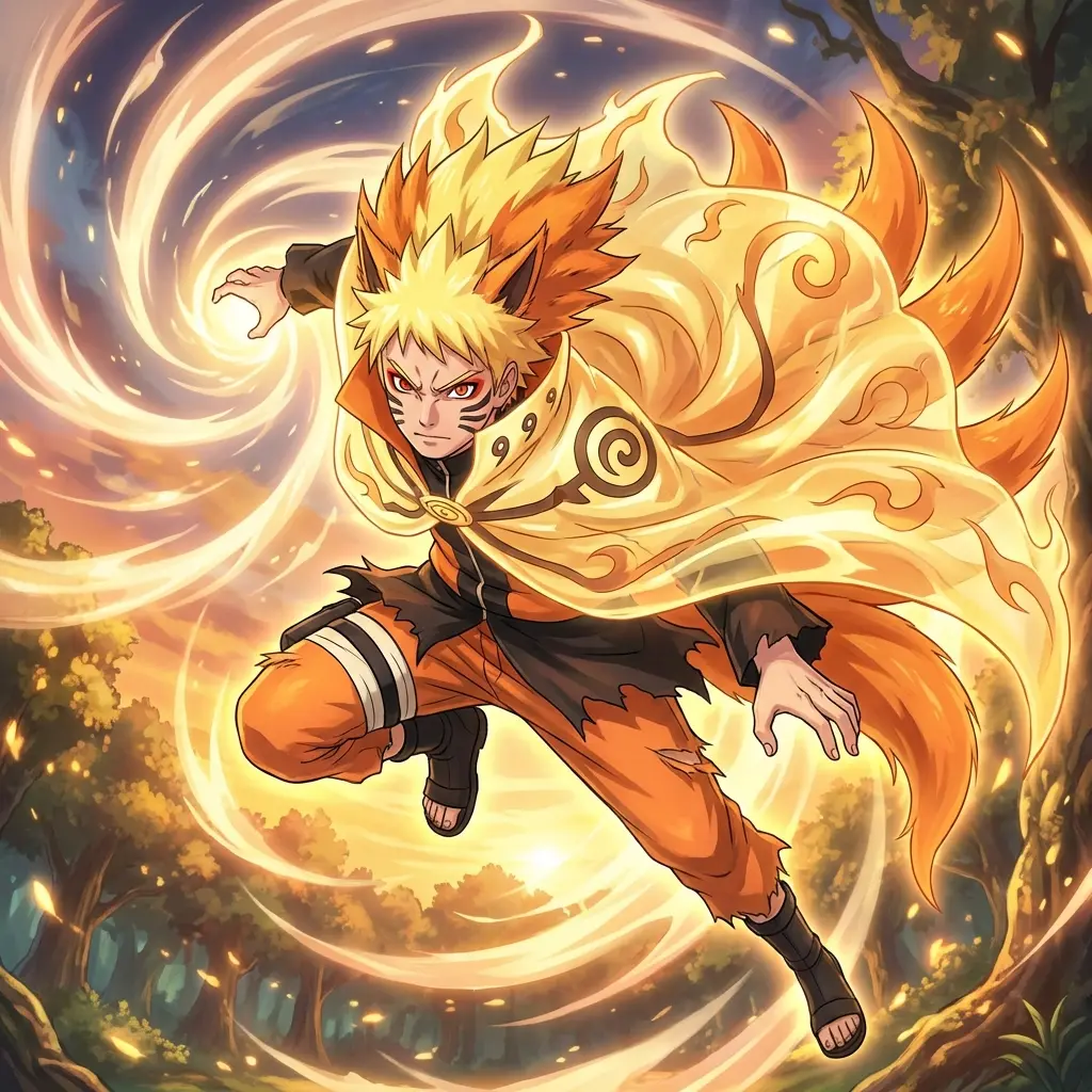 AI Fusion Example: Naruto + Kurama in Anime style. Sage Mode power awakening in human-beast hybrid form