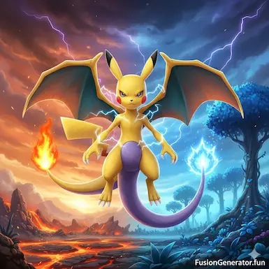 AI Fusion Example: Pikachu + Charizard in Pokemon style. Electric dragon hybrid with fire and lightning